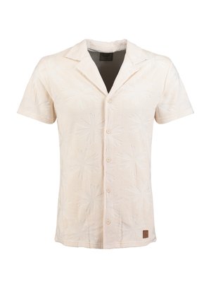 Beige overhemd met korte mouwen en knopen, voorzien van een subtiel palmbladpatroon en een klein bruin logoplaatje aan de onderzoom.