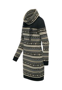 Das Strickkleid verfügt über einen breiten Kragen, lange Ärmel und ein geometrisches Muster in Schwarz, Creme und Beige. Gerippte Bündchen und Saum.