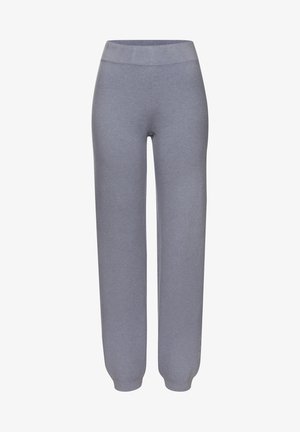 Gray sweatpants in a soft, textured fabric. Features a high waistband and a loose, straight-leg design for comfort. No visible patterns or logos.