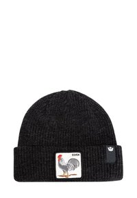 Beanie nera in maglia con risvolto, caratterizzata da un patch ricamato di un gallo e la parola "COCK" in formato quadrato.