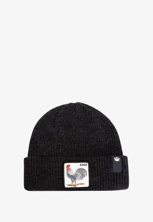 Beanie nera in maglia con risvolto, caratterizzata da un patch ricamato di un gallo e la parola "COCK" in formato quadrato.