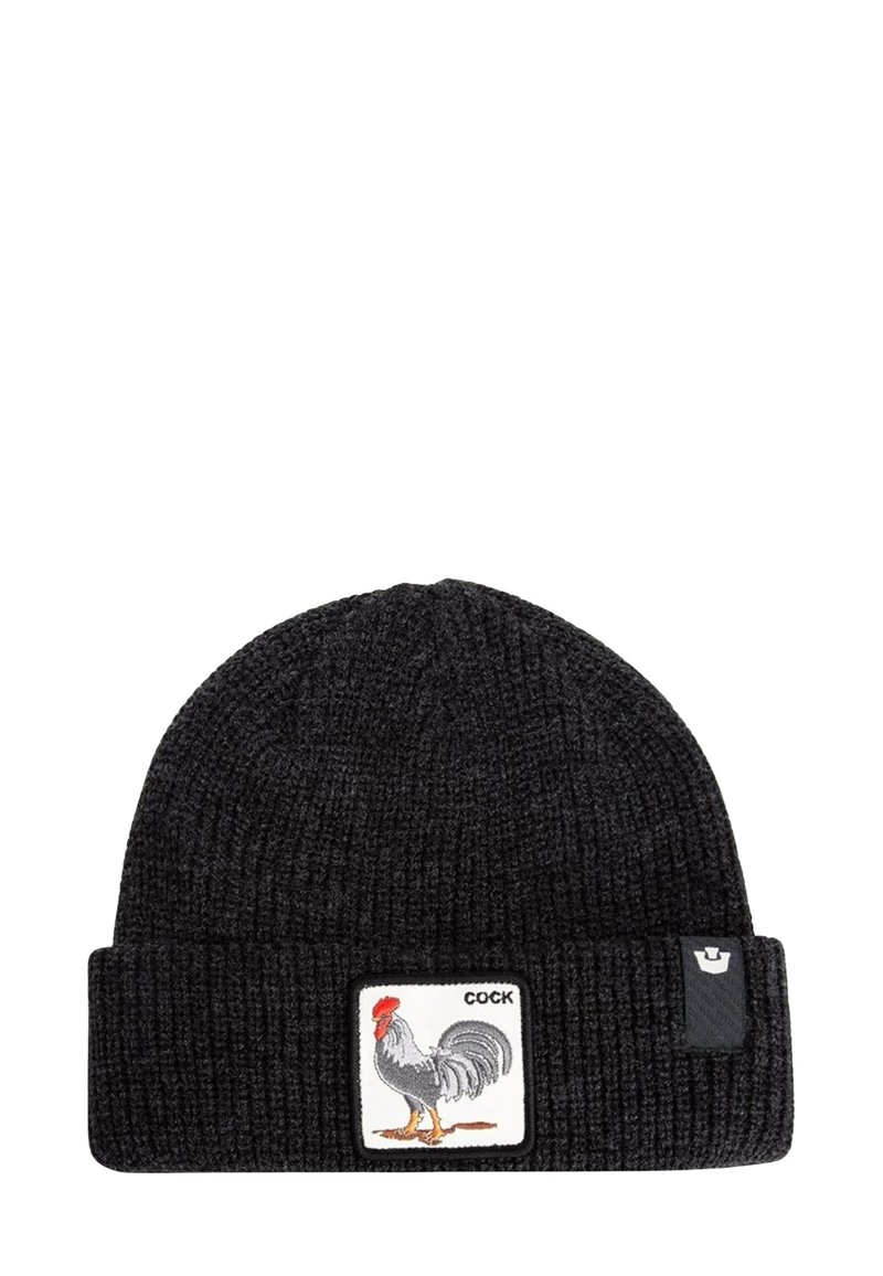 Beanie nera in maglia con risvolto, caratterizzata da un patch ricamato di un gallo e la parola "COCK" in formato quadrato.