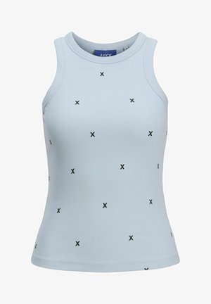 Hele sinine sooniline tanktop kõrge kaelusega, millel on ühtlaselt jaotatud mustade väikeste 'X' märkide muster.