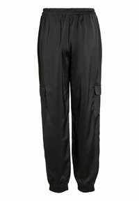 Pantalon cargo noir avec taille élastique, poches latérales à rabat et poignets élastiques, présenté sur fond blanc.