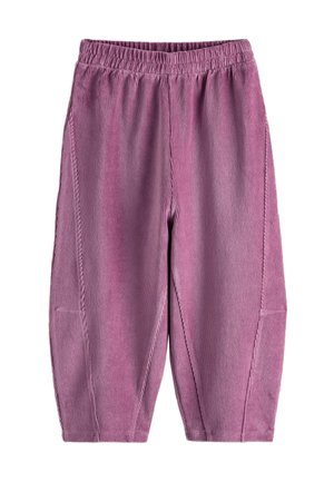 Pantalones de pana morados con cintura elástica y piernas anchas, diseñados para comodidad y uso casual.