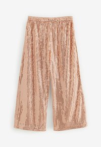 Pantaloni a gamba larga in rosa dorato realizzati in tessuto paillettes con una texture scintillante, dotati di una vita elasticizzata e di una vestibilità ampia.