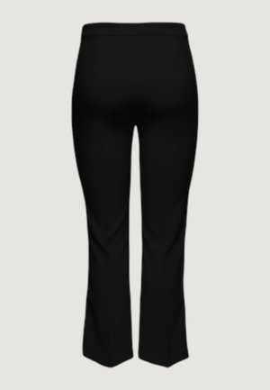 Pantaloni neri a vita alta con una leggera svasatura sull'orlo, mostrati da dietro su uno sfondo chiaro e uniforme.