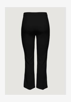 Pantaloni neri a vita alta con una leggera svasatura sull'orlo, mostrati da dietro su uno sfondo chiaro e uniforme.