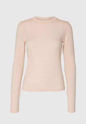 Hellrosa, langärmliges, figurbetontes Shirt mit Rundhalsausschnitt und schlichtem Design vor neutralem Hintergrund.