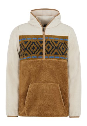 Fleece pullover with a cream body and brown lower section, featuring a geometric patterned blue and brown panel across the chest. Front pocket included.