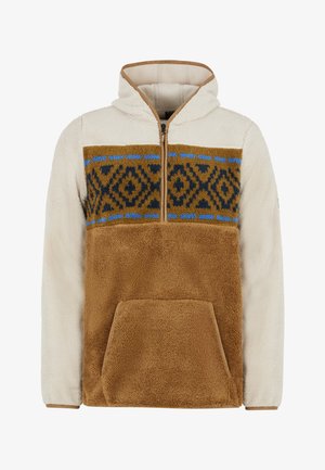 Fleece pullover with a cream body and brown lower section, featuring a geometric patterned blue and brown panel across the chest. Front pocket included.