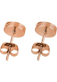 Rosaguld metal stud øreringe med en cirkulær flad skive og et karakteristisk åbent løb-design. Glat tekstur med indgraveret brandingdetalje.