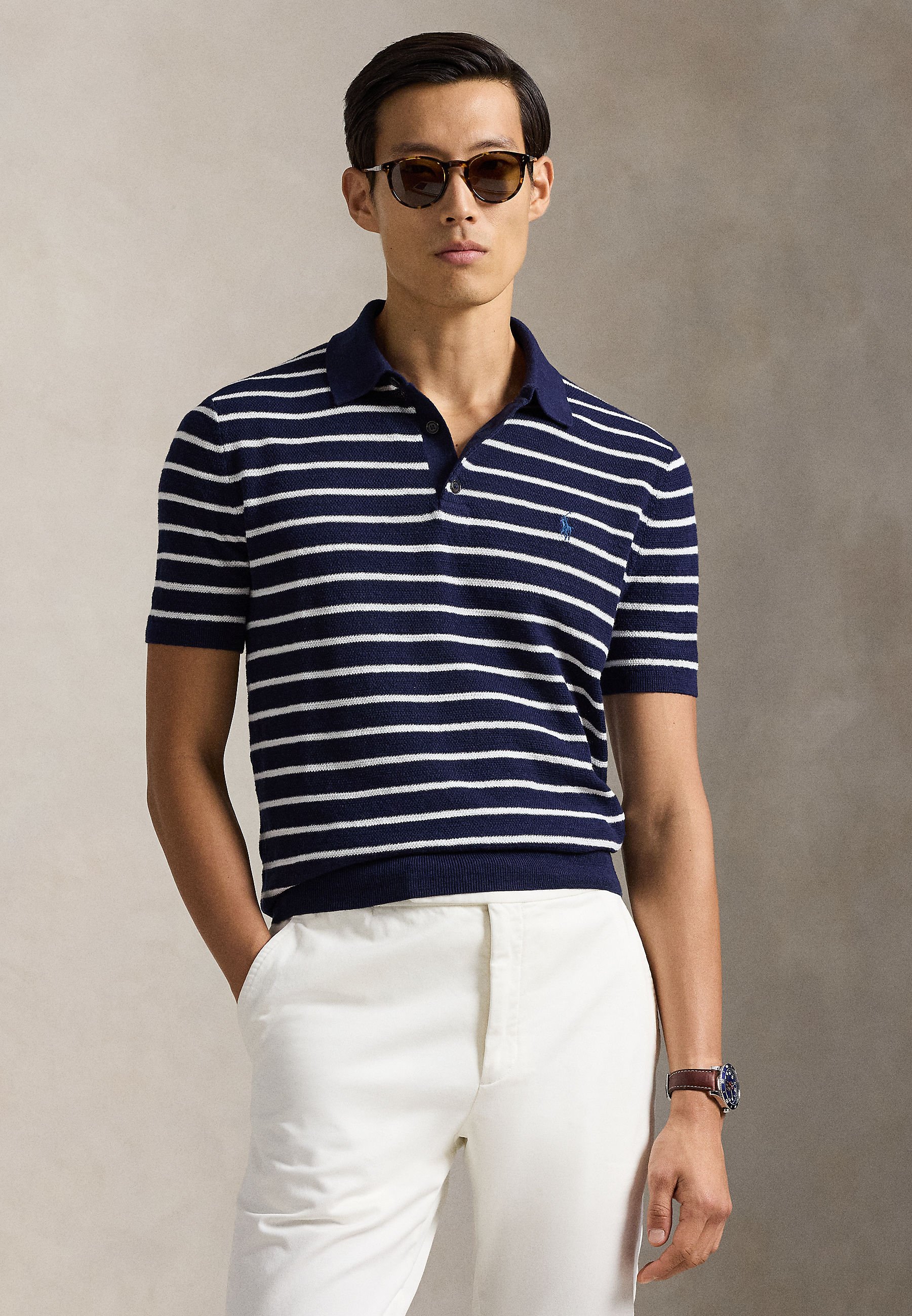 Polo Ralph Lauren STRIPED COTTON-LINEN POLO-COLLAR SWEATER - Polo