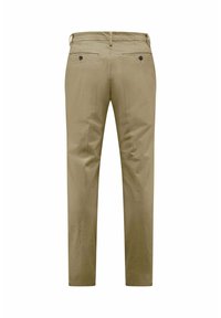 Beige Chinos mit geradem Bein, aus Baumwolle gefertigt, mit zwei Gesäßtaschen mit schwarzen Knöpfen und Gürtelschlaufen. Glatte Textur.