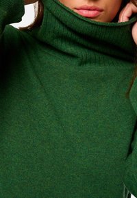 Grüner Rollkragenpullover mit gerippter Textur und enganliegendem Kragen. Der Stoff wirkt weich und leicht strukturiert, mit einer einheitlichen Farbe.