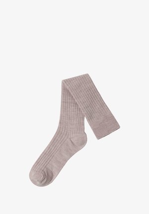 Ribbade, ljus taupe strumpor med en slät yta och förstärkt tå, som visar upp en klassisk design som passar för olika tillfällen.