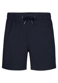 Marinblå badshorts i lättviktsmaterial, med resårmidja och dragsko samt slät yta. Inga mönster eller accenter.