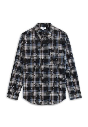 Schwarz-grau kariertes Hemd mit blauen Akzenten, ausgestattet mit einem strukturierten Muster, einem Knopflatz am Kragen und langen Ärmeln mit Knopfmanschetten.