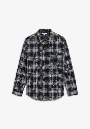 Schwarz-grau kariertes Hemd mit blauen Akzenten, ausgestattet mit einem strukturierten Muster, einem Knopflatz am Kragen und langen Ärmeln mit Knopfmanschetten.