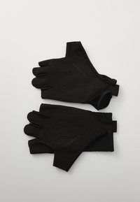 Svarte sykkelhansker med en teksturert, pustende design. Kuttede fingre for bedre fingerferdighet med perforeringer for ventilasjon. Merkevarelogo synlig.