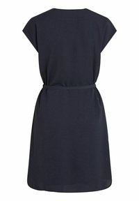 Robe courte bleu marine foncé à manches courtes avec un col rond et une fine ceinture à la taille, vue de dos.