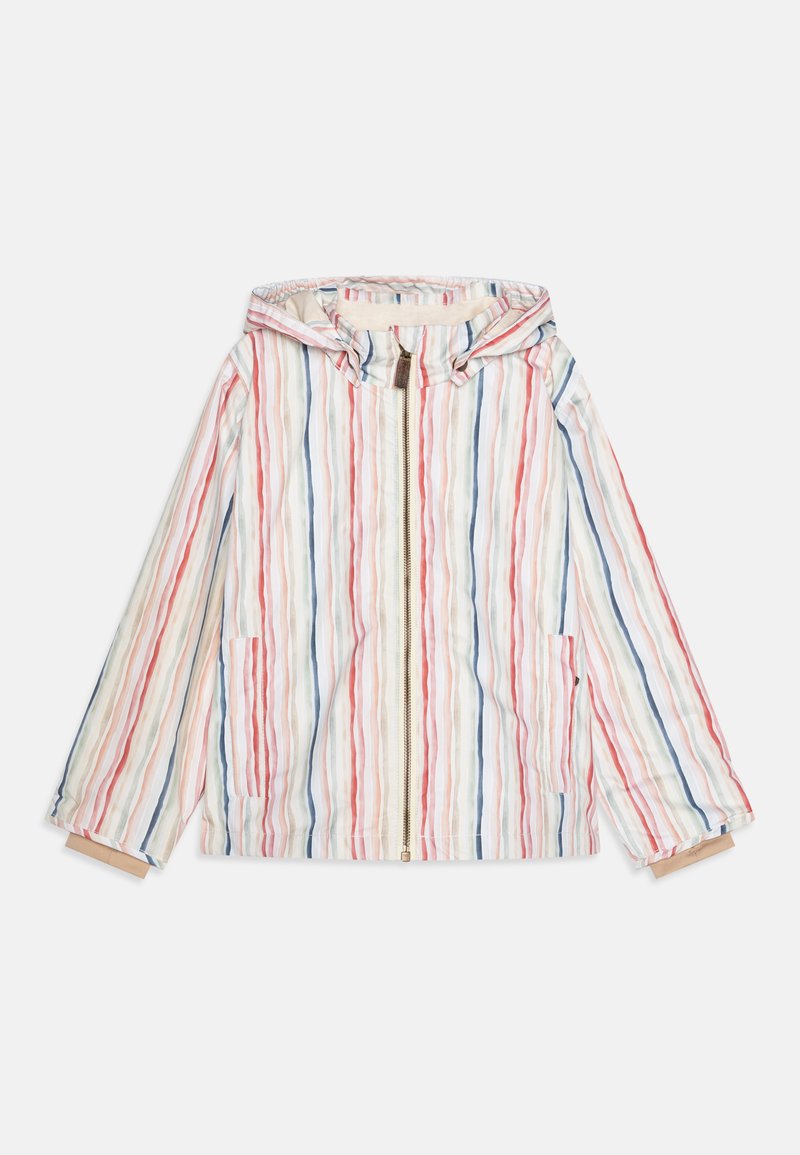 Lightweight hooded jacket with vertical stripes in red, blue, and cream. Features a front zipper and two side pockets. Soft texture.