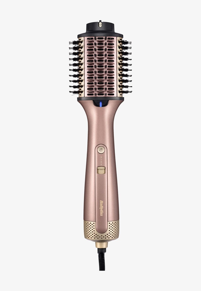 Brosse à cheveux ronde électrique en or rose avec poils noirs, bouton d'alimentation, variateur de vitesse et base filaire, conçue pour le coiffage.