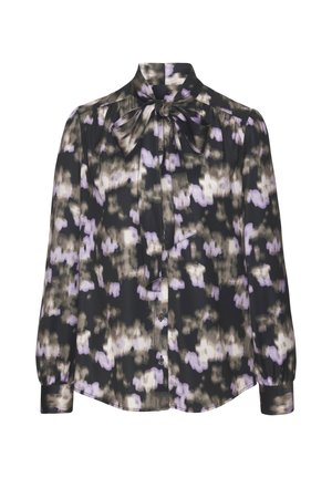 Langere mouwblouse in zwart, grijs en paarse abstracte print, met een hoge halslijn, een strik en een knoopsluiting aan de voorkant. Soepele stoftextuur.