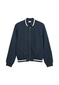 Marineblau bomberjacke aus glattem stoff mit einem reißverschluss vorne, geripptem kragen und manschetten sowie weißen streifenakzenten am saum und an den manschetten.