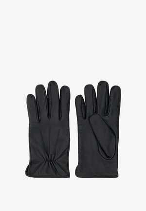 Černé kožené rukavice s pěti prsty, které mají na zápěstí nařasený materiál a jemné detaily šití. Hladká textura a přizpůsobený střih.