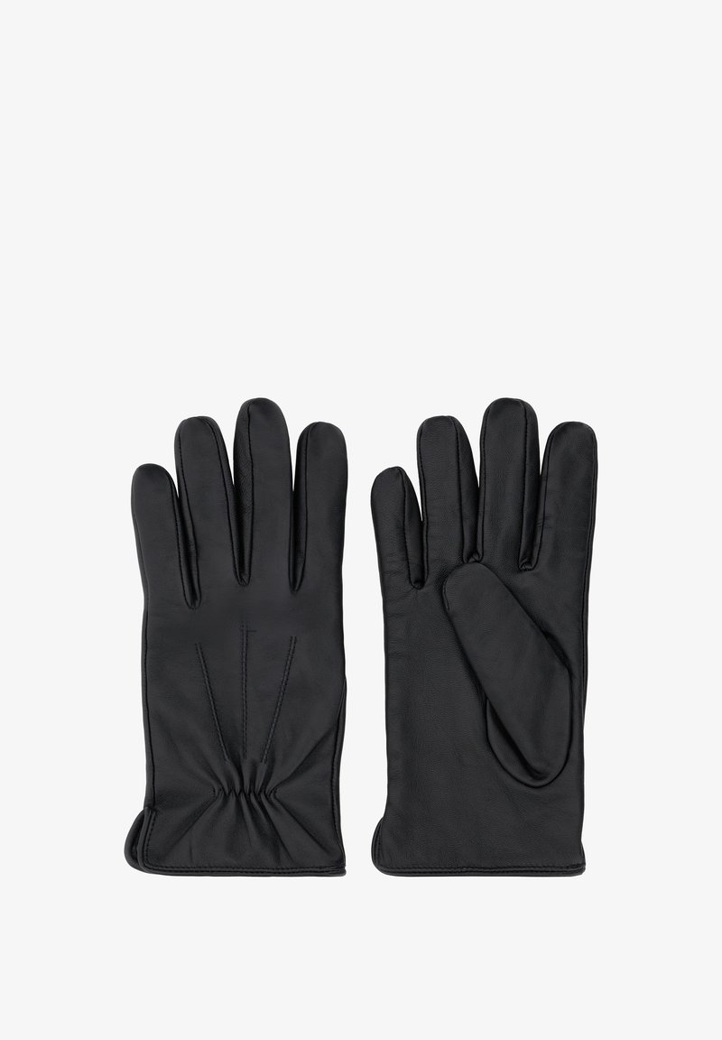 Melni ādas cimdi ar piecām pirkstiem, ar savilktu materiālu pie plaukstas un subtiliem šuvumiem. Gluda tekstūra un pielāgota forma.