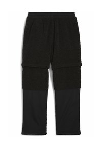 Zwarte broek met een bovenstuk van getextureerde fleece en een glad zwart onderste gedeelte. Elastische tailleband en ritssluitingen aan de zijkanten.