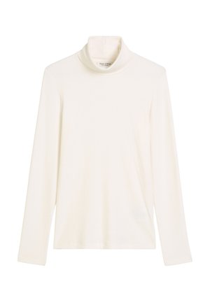 Licht crème turtlenecktop gemaakt van zacht, rekbaar materiaal. Heeft lange mouwen en een getailleerde silhoeët met een gladde textuur.