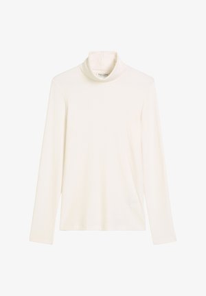 Licht crème turtlenecktop gemaakt van zacht, rekbaar materiaal. Heeft lange mouwen en een getailleerde silhoeët met een gladde textuur.
