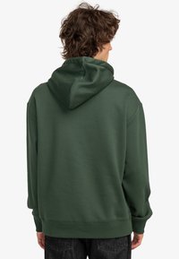 Hoodie vert avec capuche à cordon de serrage, poignets et ourlet côtelés, présentant une texture douce et une coupe décontractée. La vue arrière montre une couverture complète.