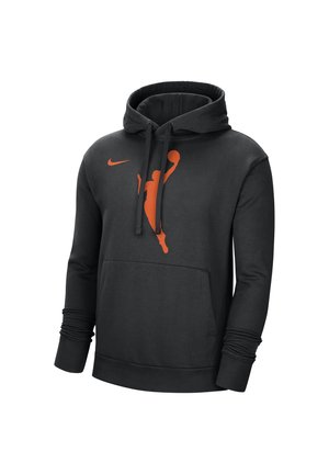 Zwarte capuchontrui met voorzak, oranje silhouet van een basketballer en een kleine oranje Nike Swoosh op de borst.