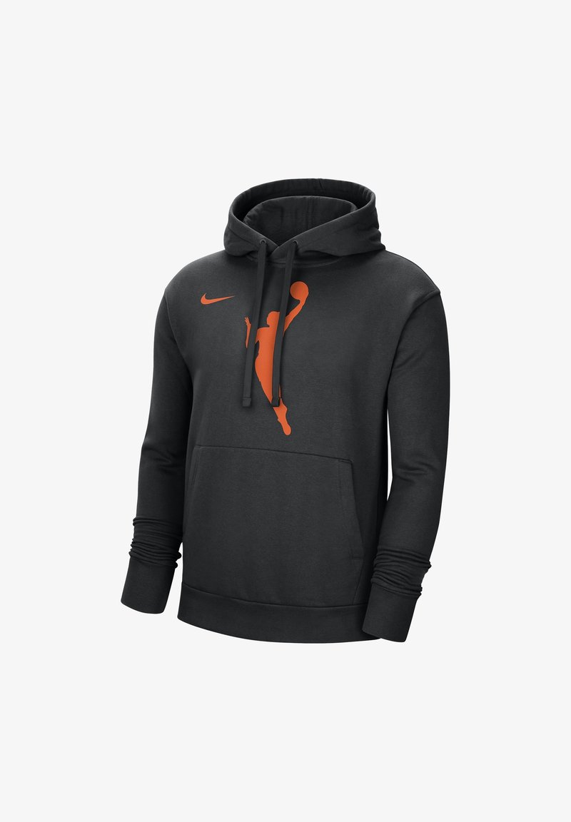 Sweat à capuche noir avec poche avant, silhouette orange d'un joueur de basketball, et petit logo Nike swoosh orange sur la poitrine.