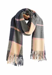 Woven plaid scarf featuring navy, beige, and pink tones, with fringed edges and a soft texture, designed for warmth and comfort.