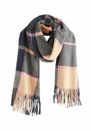 Woven plaid scarf featuring navy, beige, and pink tones, with fringed edges and a soft texture, designed for warmth and comfort.