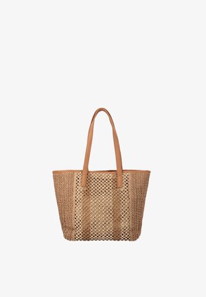Brun vævet shopper med to lange læderhåndtag og et mønstret frontpanel til at bære personlige genstande.