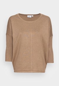 Beżowy sweter dzianinowy z krótkim rękawem, z prążkowanymi mankietami, okrągłym dekoltem i luźnym krojem, oznaczony rozmiarem małym.