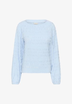 Blouse à manches longues bleu clair avec des rayures horizontales texturées et un col rond.