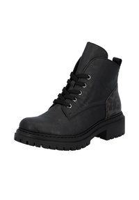 Bottine noire en cuir avec une finition texturée, lacets à l'avant, semelle épaisse et un accent en imprimé léopard sur le côté.