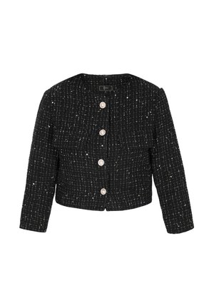 Černá zkrácená bunda z texturované tkaniny s mřížkovaným vzorem, s čtyřmi velkými perlami podobnými knoflíky a kulatým výstřihem.