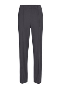 Pantalons droits gris avec une taille élastique, présentant des coutures verticales subtiles pour un ajout de texture et une finition lisse.