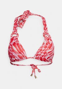 Top de bikini em padrão vermelho e rosa, de forma triangular, com laços de tecido no pescoço e nas costas, detalhes em metal dourado e franzido.
