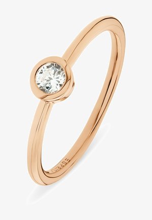 Roségoldring mit einem dünnen Band, der einen einzelnen runden Diamanten in einer runden Fassung trägt. Glatte, polierte Oberfläche; schlichtes Design.