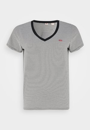 Black and white striped V-neck T-shirt made of cotton, with short sleeves and a black collar. Features a small red logo on the chest.