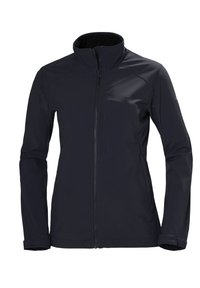 Chaqueta softshell azul marino con cuello alto, cremallera completa y un diseño elegante. Presenta una tela suave y duradera y un bolsillo frontal con cremallera.