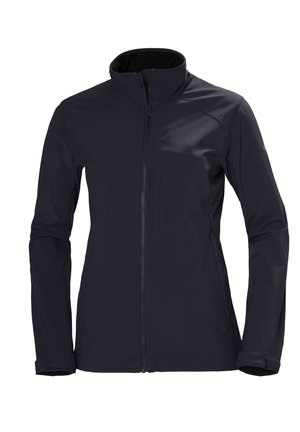 Navy Softshell-Jacke mit hohem Kragen, durchgehendem Reißverschluss und elegantem Design. Aus glattem, strapazierfähigem Material und mit einer Reißverschlusstasche auf der Vorderseite.